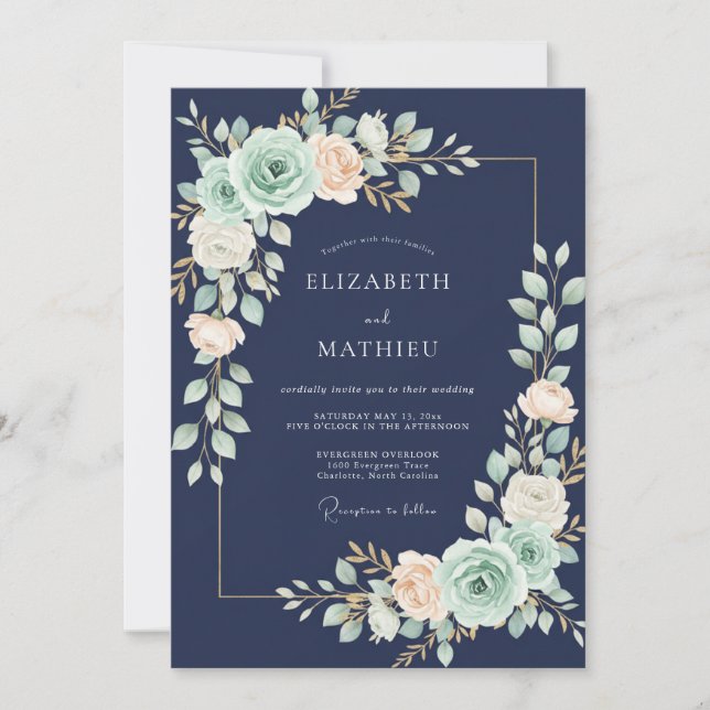 Midnight Mint Ranunculus Eucalyptus Wedding Invitation (Front)