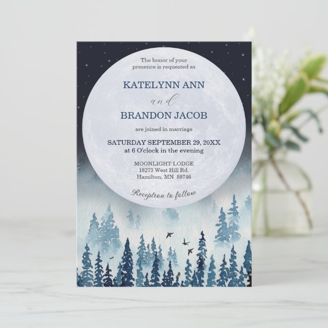 Midnight Moonlight Rustic Wedding  Invitation (Standing Front)
