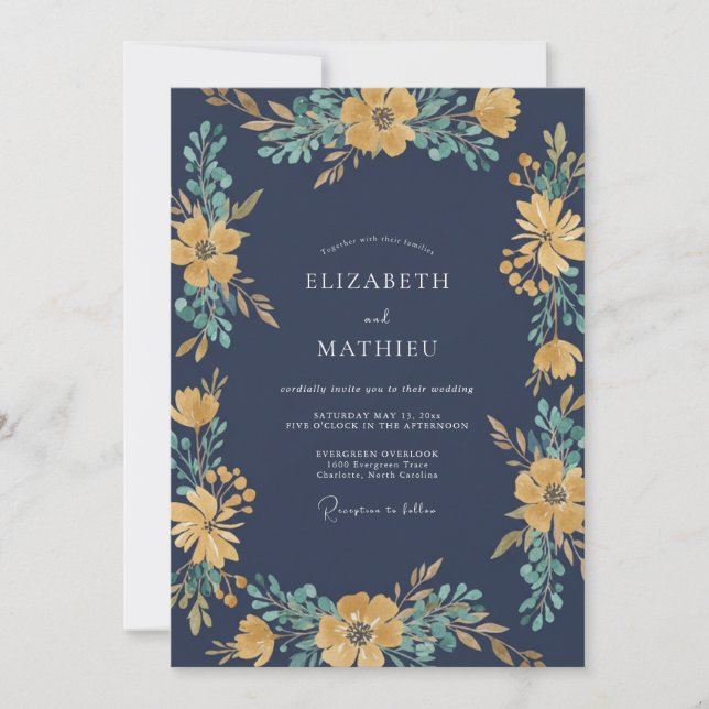 Midnight Mustard Foliage Eucalyptus Wedding Invitation (Front)