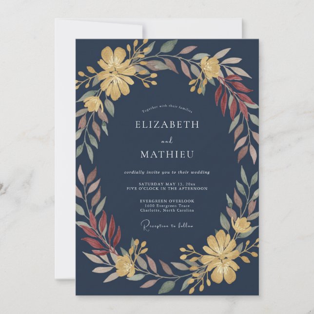 Midnight Mustard Foliage Grey Eucalyptus Wedding Invitation (Front)