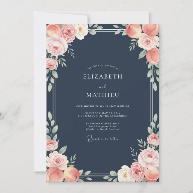 Midnight Muted Coral Petal Wedding Invitation (Front)