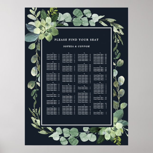 Midnight Navy ALPHABETICAL Order Wedding Seating Poster (Front)