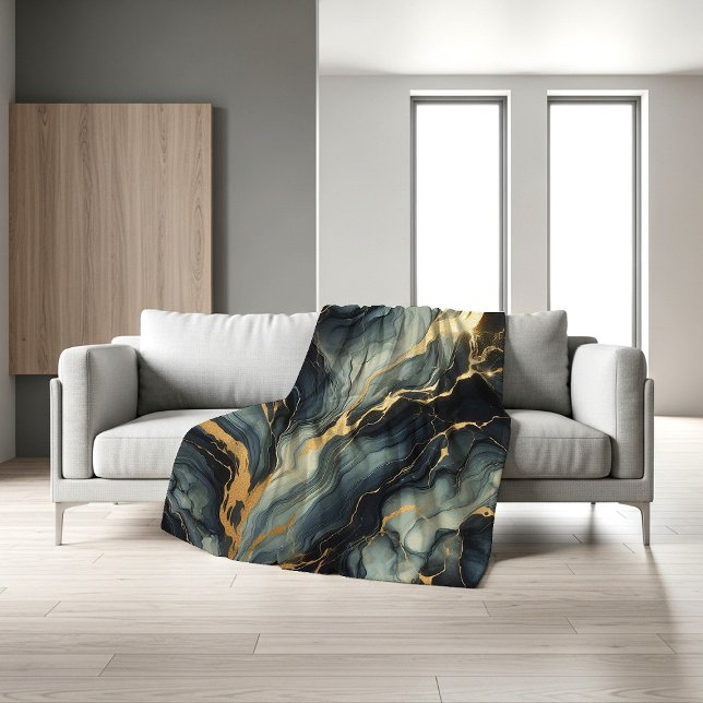 Midnight Navy and Gold Marble Artistic Pattern Fleece Blanket (Creator Uploaded)