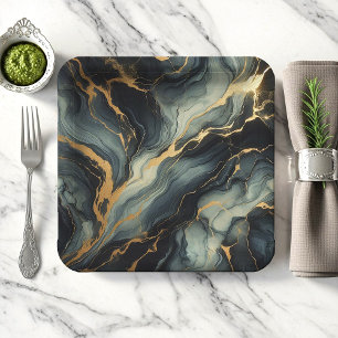 Midnight Navy and Gold Marble Artistic Pattern Paper Plate