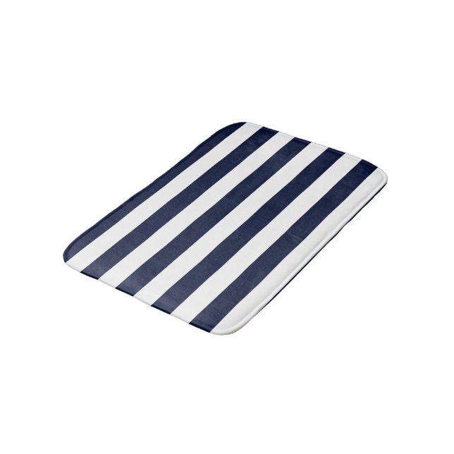 Midnight Navy Blue and White Stripes Bath Mat (Angled)