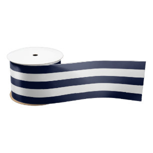 Midnight Navy Blue and White Stripes Satin Ribbon