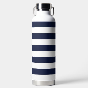 Midnight Navy Blue and White Stripes Water Bottle