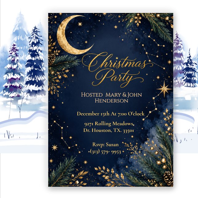 Midnight Navy Blue Celestial Christmas Party  Invitation (Creator Uploaded)