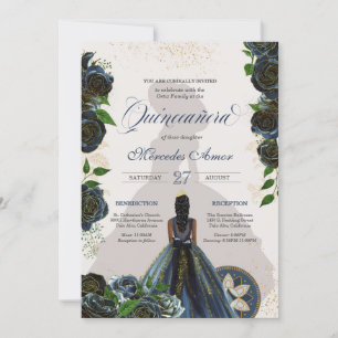 Midnight Navy Blue Roses Fancy Charro Quinceanera Invitation
