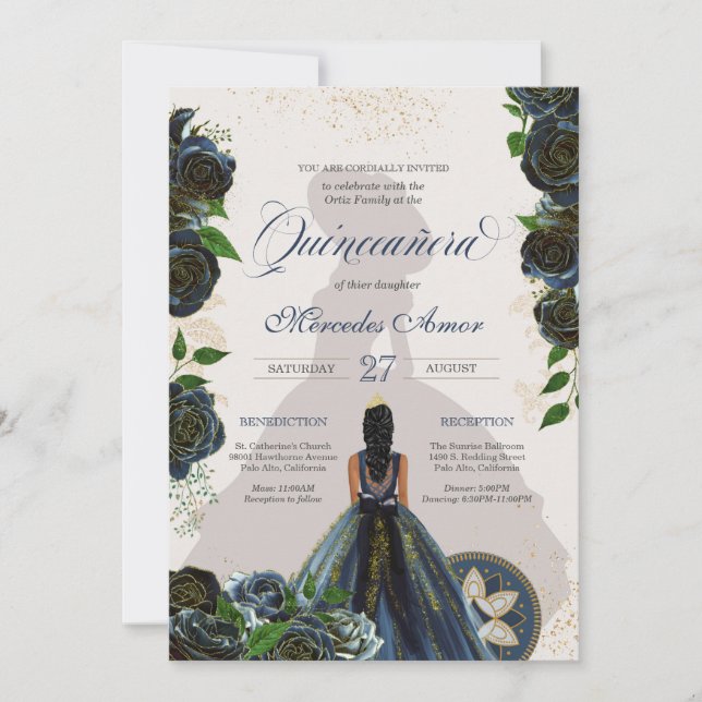 Midnight Navy Blue Roses Fancy Charro Quinceanera Invitation (Front)