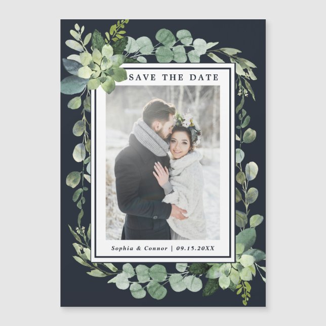 Midnight Navy Blue Succulent Save the Date Magnet (Front)