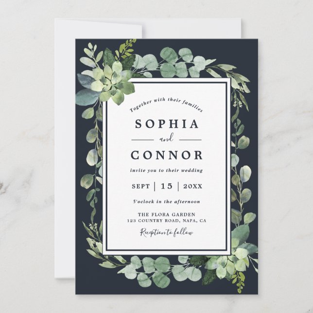 Midnight Navy Blue Succulent Wedding Invitation (Front)