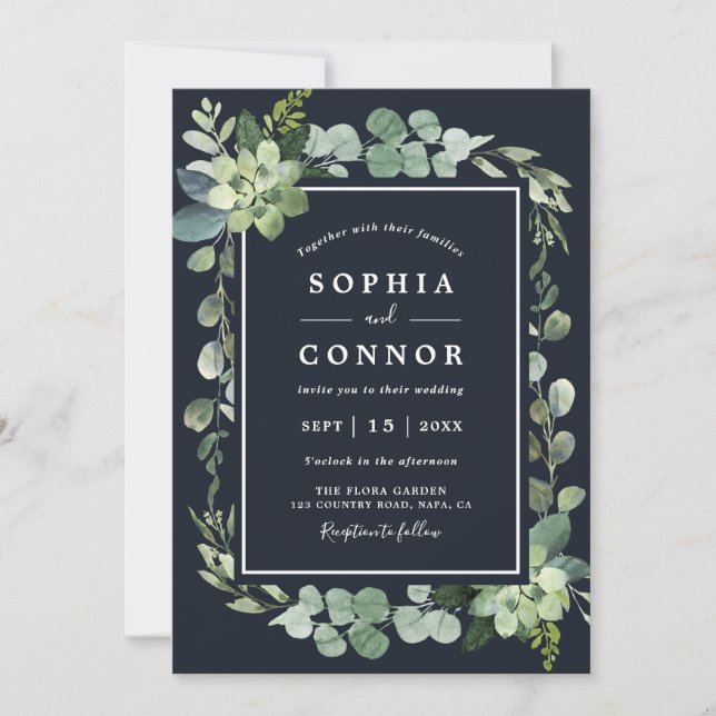 Midnight Navy Blue Succulent Wedding Invitation (Front)