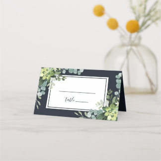 Midnight Navy Blue Succulent Wedding Personalised Place Card