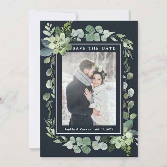 Midnight Navy Blue Succulent Wedding Photo Save The Date (Front)