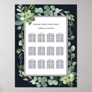 Midnight Navy Blue Succulent Wedding Seating Poster