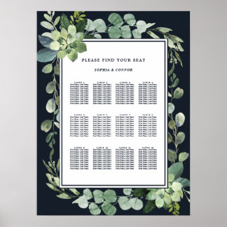 Midnight Navy Blue Succulent Wedding Seating Poster