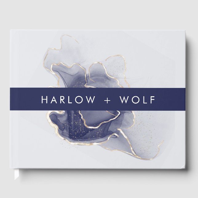 Midnight Navy Gold Elegant Modern Wedding Guest Book (Front)