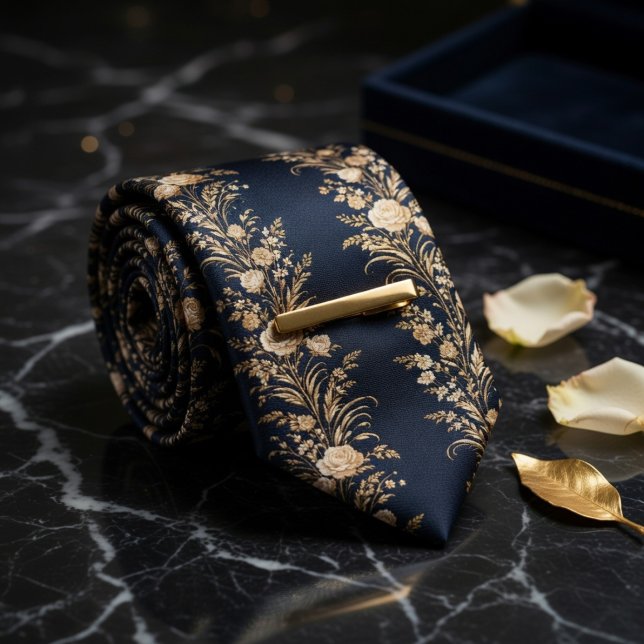 Midnight Navy & Gold Floral Luxury Tie (Creator Uploaded)