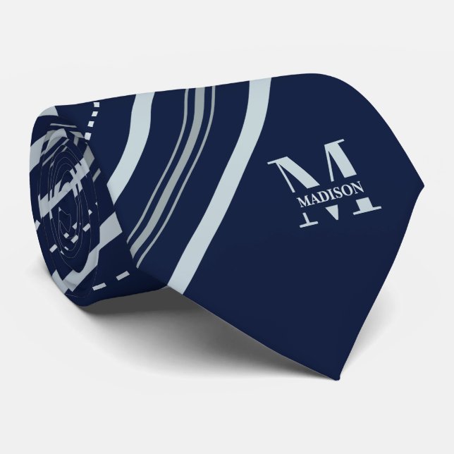 Midnight Navy & Grey Stripe with Monogram & Name Tie (Rolled)