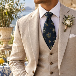Midnight Navy Heraldic Oak Laurel Pattern Tie