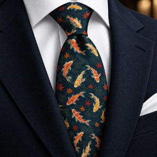 Midnight Navy Japanese Koi Autumn Pattern Tie