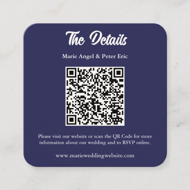 Midnight Navy Monogram QR Code Wedding Details  Square Business Card (Front)
