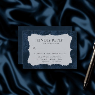 Midnight Navy Romance Blue Satiny Damask Entree RSVP Card
