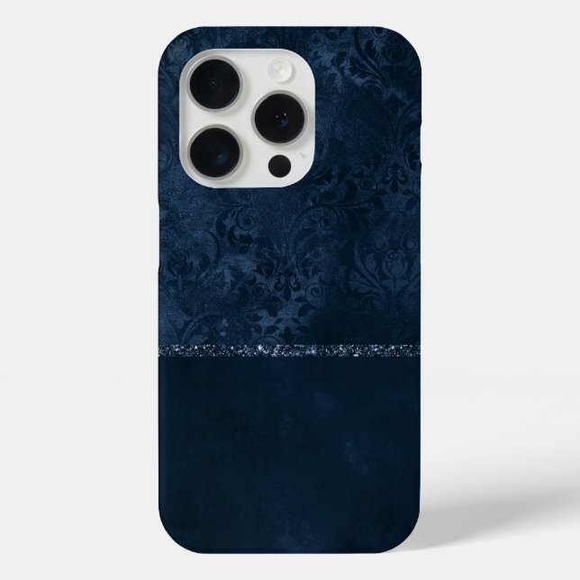 Midnight Navy Romance | Blue Satiny Grunge Damask Case-Mate iPhone Case (Back)