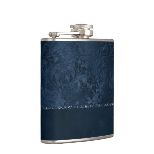 Midnight Navy Romance Blue Satiny Grunge Damask Hip Flask
