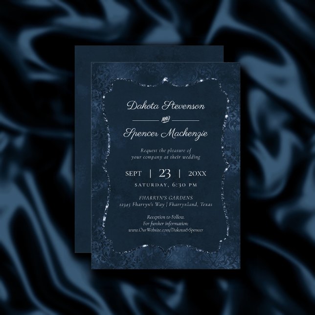 Midnight Navy Romance | Blue Satiny Grunge Damask Invitation (Creator Uploaded)