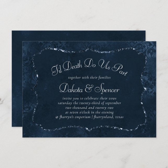 Midnight Navy Romance | Blue Satiny Grunge Damask Invitation (Front/Back)