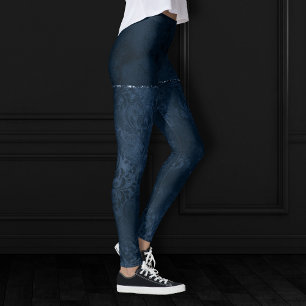Midnight Navy Romance Blue Satiny Grunge Damask Leggings