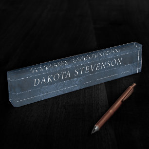 Midnight Navy Romance Blue Satiny Grunge Damask Nameplate
