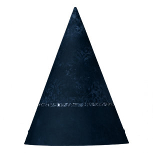 Midnight Navy Romance Blue Satiny Grunge Damask Party Hat