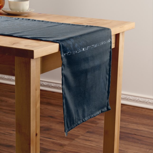 Midnight Navy Romance | Blue Satiny Grunge Damask Short Table Runner (In Situ)