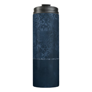 Midnight Navy Romance Blue Satiny Grunge Damask Thermal Tumbler