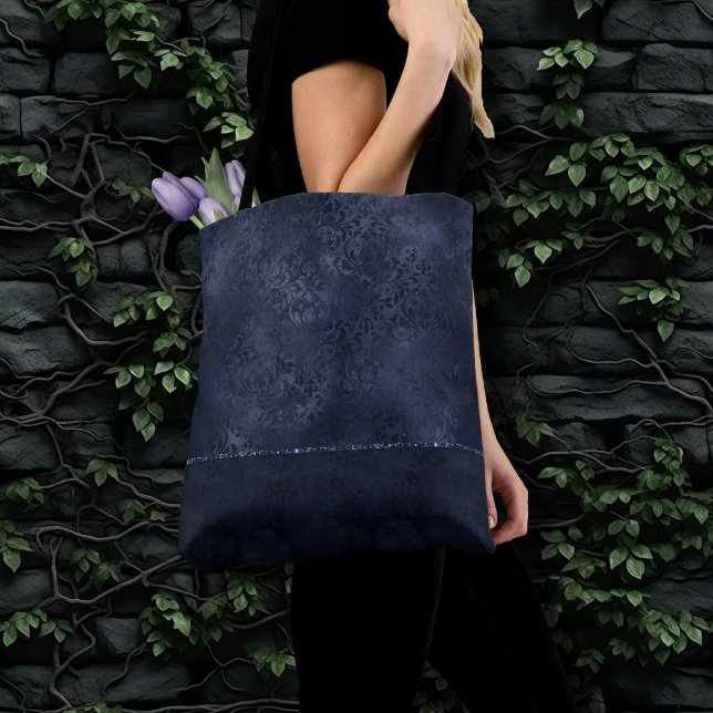 Midnight Navy Romance | Blue Satiny Grunge Damask Tote Bag (Creator Uploaded)