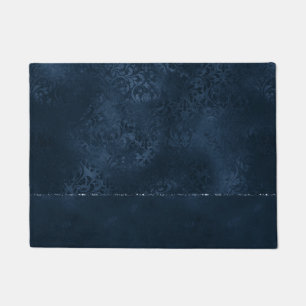 Midnight Navy Romance   Dark Satiny Grunge Damask Doormat