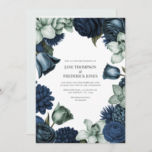 Midnight Navy, Steel Blue & Eucalyptus Grey Invitation (Front/Back)