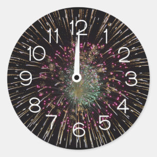 Midnight New Years Eve Clock On Fireworks Classic Round Sticker