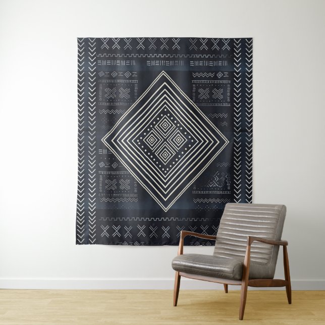 Midnight Nomad Diamond - Indigo Mudcloth Art Tapestry (In Situ)