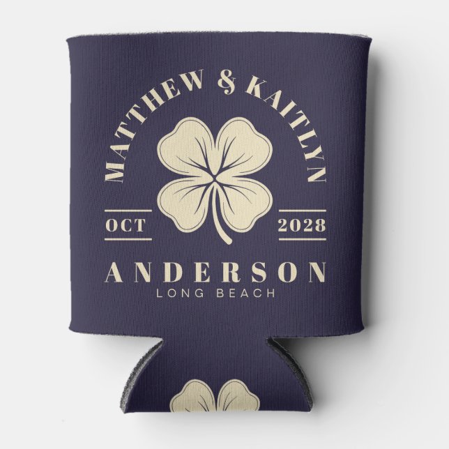 Midnight Ocean Irish Lucky Clover Wedding Crest Can Cooler (Front)