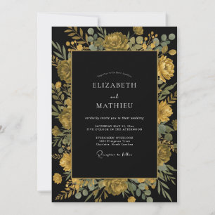 Midnight Ochre Ranunculus Eucalyptus Wedding Invitation