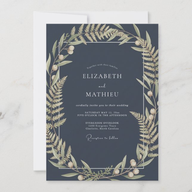 Midnight Olive Fern Wedding Invitation (Front)