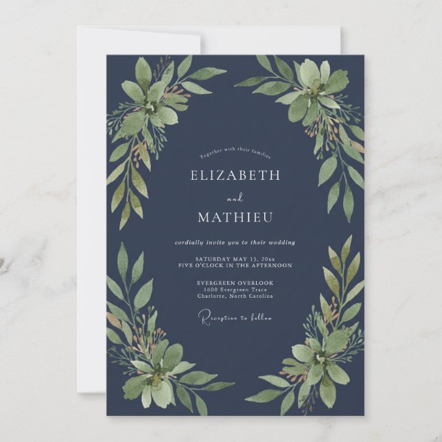 Midnight Olive Foliage Eucalyptus Wedding Invitation (Front)