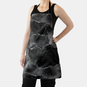 Midnight Onyx Romance   Black Satiny Grunge Damask Apron