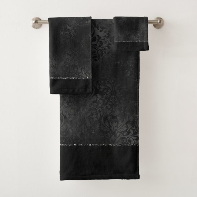 Midnight Onyx Romance | Black Satiny Grunge Damask Bath Towel Set (Insitu)
