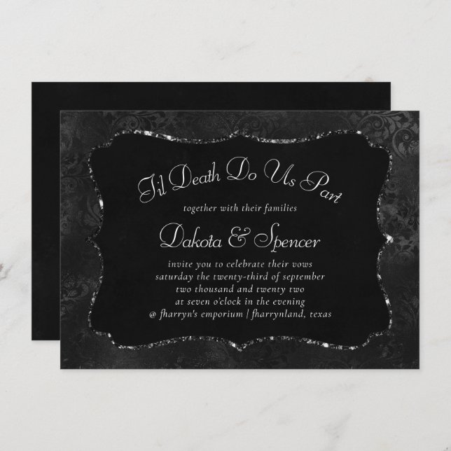 Midnight Onyx Romance | Black Satiny Grunge Damask Invitation (Front/Back)