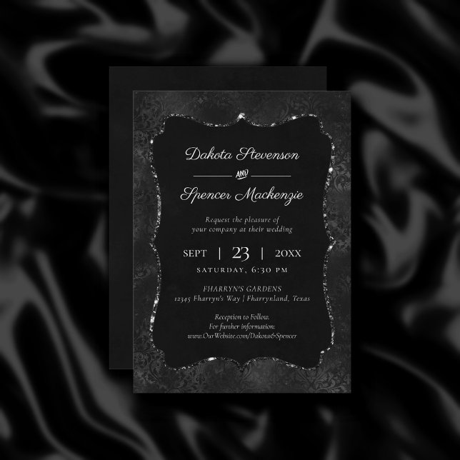 Midnight Onyx Romance | Black Satiny Grunge Damask Invitation (Creator Uploaded)
